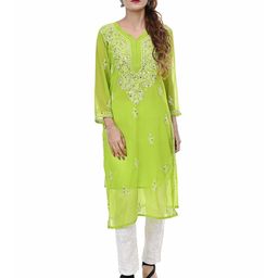 BEAUTY CHIKAN HANDICRAFTS Floral Embroidered V-Neck Mirror Work Georgette Kurta-image-83