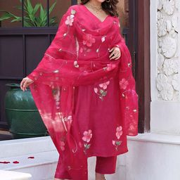 Aaghnya Floral Printed Regular V-Neck Straight Kurta With Trousers & Dupatta-55
