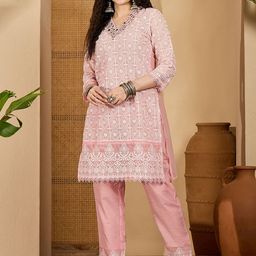 Sangria Chikankari Embroidered Schiffli Tunic With Trouser Co-Ords-image-20