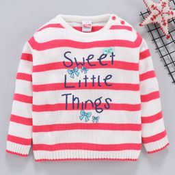 Babyhug Full Sleeves Striped Sweater Sweet Little Things Print - White Pink-image-93
