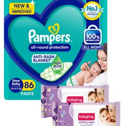 Pampers All round Protection Pants, New Born, Extra Small size  (NB,XS) 86 Count, Anti Rash Diapers, Lotion with Aloe Vera & Babyhug Soothing Lavender & Chamomile Wipes - 72 Pieces - (Pack of 2)-image-51