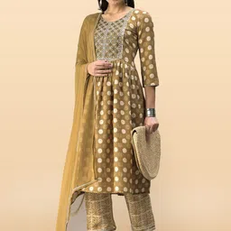 Anouk Rustic Geometric Printed Round Neck A-Line Kurta With Trousers & Dupatta image 2