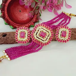 EVY Gold-Plated Cubic Zirconia Studded And Crystals Beaded Choker Jewellery Set-picture-44