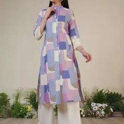 Uparna Women Purple & Lavender Cotton Geometric Printed A-Line Kurta-16