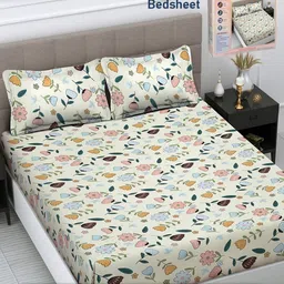 FABINALIV Cream-Coloured & Green Floral 300 TC King Bedsheet with 2 Pillow Covers-17