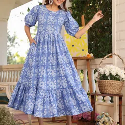 Janasya Women's Blue Pure Cotton Floral Printed Tiered Dress-image-82