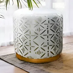 Royaloak White Geometric Foil Printed Velvet & Wooden Round Ottoman-0
