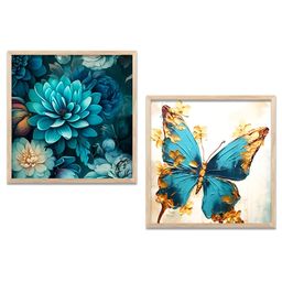 Kotart Teal & Gold Toned 2 Pieces Floral Wooden Wall Arts-picture-8