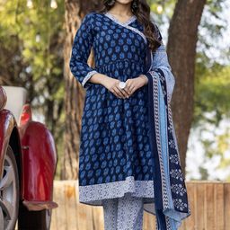 HERE&NOW Floral Printed V-Neck Angrakha Anarkali Kurta With Trouser And Dupatta-picture-49