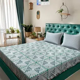 KLOTTHE Green And White Printed Cotton 400 TC Double Bedsheet Set 2.50 m x 2.20 m-image-1