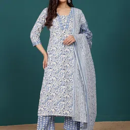 Varanga Floral Printed V-Neck Pure Cotton Straight Kurta With Trousers & Dupatta-image-99