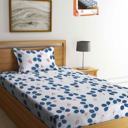 Myntra Elegant Homes White & Blue Floral 300 TC Single Bedsheet with 1 Pillow Covers-image-65