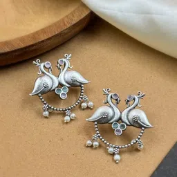 NAMAN ARTS Silver-Plated Artificial Stones Studded Animal Shaped Oxidised Drop Earrings-image-30