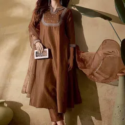 KALINI Women Coffee Brown Chanderi Silk Kurta With Trousers & Dupatta-picture-12