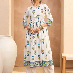 Shae by SASSAFRAS Floral Block Printed Keyhole Neck Anarkali Pure Cotton Kurta-picture-15