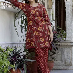 Anouk Floral Printed Round Neck Pure Cotton Straight Kurta With Trouser-20