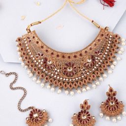 Anouk Gold-Plated Ruby & White Stone Choker Necklace Set-image-18
