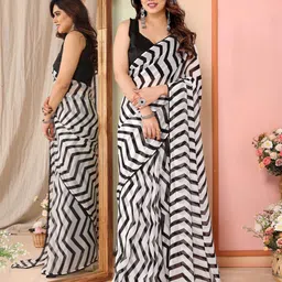 ODETTE Striped Printed Saree With Unstitched Blouse-image-1