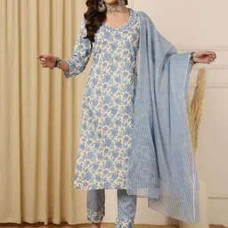 Anouk Women Floral Embroidered Regular Pure Cotton Kurta with Trousers & With Dupatta-image-26