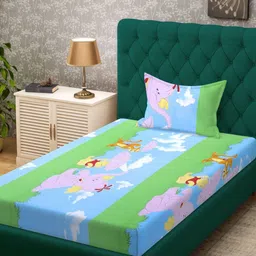 KLOTTHE Blue & Green Cartoon Printed Pure Cotton 400 TC Single Bedsheet Set 2.25m x 1.50m-16