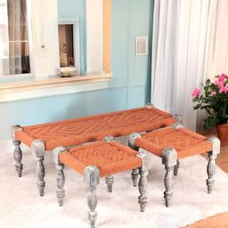 Ikiriya Orange & Grey Wood Vintage 3 Seater Maachi Bench Set With 2 Stools-27
