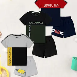 3PIN Boys Pack Of 3 Colourblocked Short Sleeves Pure Cotton T-shirt With Shorts-image-42
