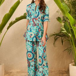 IMANA Printed Mandarin Collared V-Neck Tunic With Palazzos Co-Ords-image-2