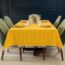 URBAN SPACE Yellow & White Printed Embroidered Cotton Anti-Slip 6-Seater Table Cover-12