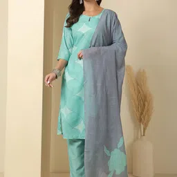 Anouk Geometric Printed Keyhole Neck Straight Kurta With Trousers & Dupatta-83