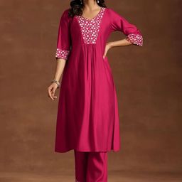Moda Rapido Floral Yoke Design V-Neck Chinon Thread Work A-Line Kurta With Trousers-picture-35