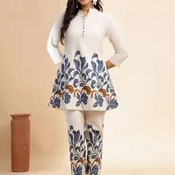 Vbuyz Floral Printed Mandarin Collar Neck Pure Cotton Tunic With Trouser-image-84