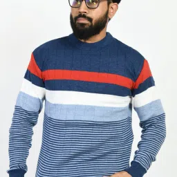 Men Striped Round Neck Blue Sweater-image-63