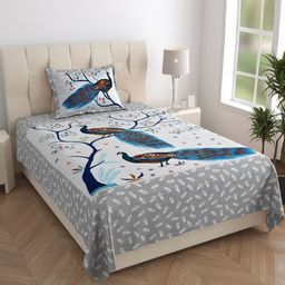 MANDAKINI Grey & Blue Ethnic Printed 144 TC Cotton Single Bedsheet Set 1.82 m x 1.21 m-image-62