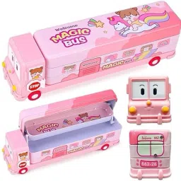 School Bus Double Compartment Compass Box for Kids/Teen (Magic Unicorn Bus-Pink) Geometry Box-picture-14