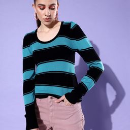 Mast & Harbour Women Black & Turquoise Blue Striped Scoop Neck Pullover-image-77