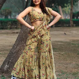 Libas Floral Sequinned Pure Georgette Palazzo Saree-image-5