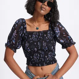 glitchez Summer Seersucker Floral Printed Puff Sleeves Crop Fitted Top-image-25