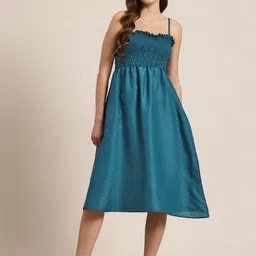 HERE&NOW Smocked Detail Pure Cotton Shoulder Straps Midi Fit & Flare Dress-image-1