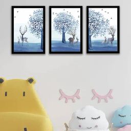 Art Street Reindeer Under Tree Printed Blue Engineered Wood Wall Art (Set of 3)-46