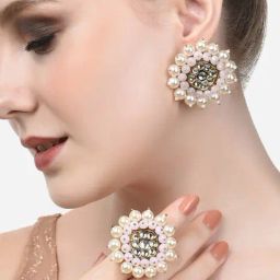 Zaveri Pearls Pink Beads & Pearls Cluster Kundan Stud Earring & Ring Set-ZPFK14662-28