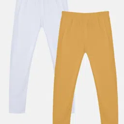 Kiddopanti Girls White & Mustard Solid Leggings (Pack Of 2)-image-57