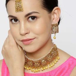 Priyaasi Golden Brass Necklace & Earring Set-image-32