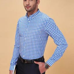 Peregrine by Pantaloons Blue Atoll Cotton Slim Fit Checks Shirt-image-9