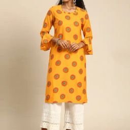Blissta Mustard Cotton Printed Straight Kurta-image-8