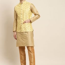 SOJANYA Men Golden & Yellow Kurta with Churidar & Nehru Jacket-picture-26