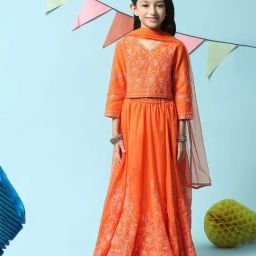 BIBA Girls Orange Embellished Top, Lehenga with Dupatta-image-24