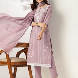 Janasya Women Light Purple Pure Cotton Embroidered Straight Kurta Set-image-72