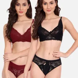 FIMS: Fashion is my Style Black & Maroon Lace Work Lingerie Set - Pack Of 2-image-91