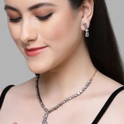 Karatcart Black Silver-Plated Square White Cubic Zirconia Necklace Set for Women-18