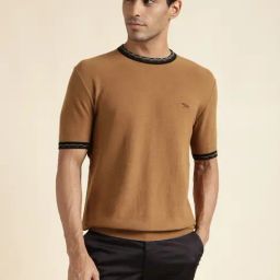 Andamen Brown Regular Fit Self Pattern T-Shirt-image-2